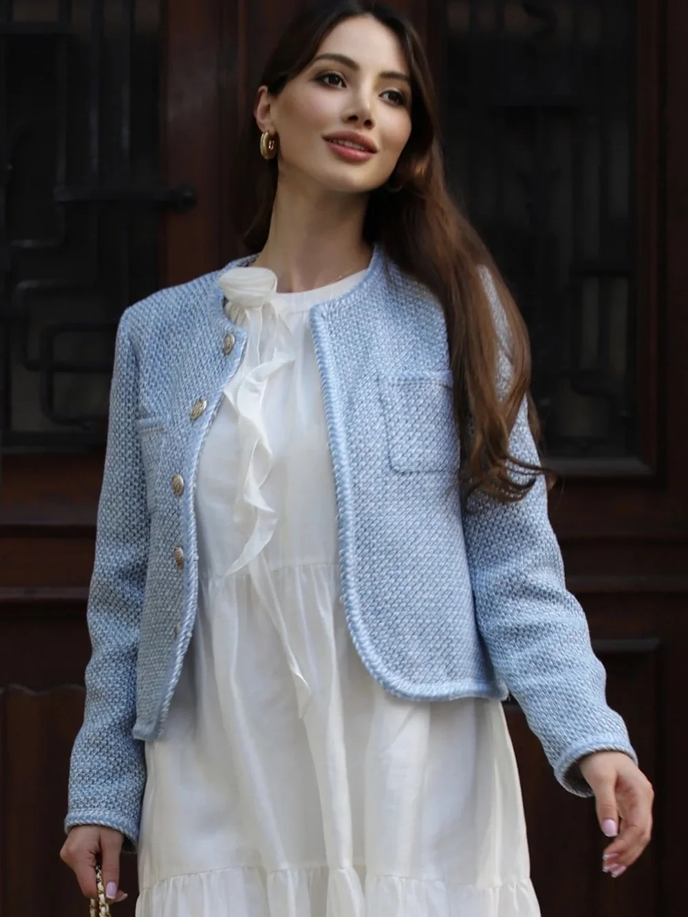 GOELIA Blue White Jacquard Tweed Jacket Sz XL Gold Button Cropped Bouclé Blazer - Picture 8 of 16